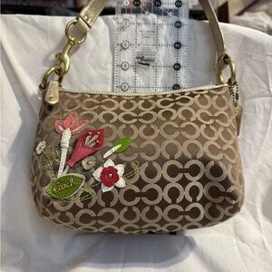 Coach Small Op Art Tan Sig C Patterned Shoulder Bag w/Floral Appliqué